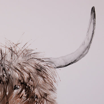 A close up of the horns and forehead of this stunning hand-painted masterpiece featuring a Highland Cow with long horns and shaggy fur on a wooden stand by LF Kaleidoscope. The artwork showcases detailed brushwork that beautifully and realistically captures the cow's textured coat. Mounted on a bespoke wooden base, this artwork creates a three-dimensional effect against a plain background.