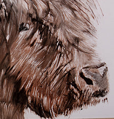 A close up of the nose and eye of this stunning hand-painted masterpiece featuring a Highland Cow with long horns and shaggy fur on a wooden stand by LF Kaleidoscope. The artwork showcases detailed brushwork that beautifully and realistically captures the cow's textured coat. Mounted on a bespoke wooden base, this artwork creates a three-dimensional effect against a plain background.