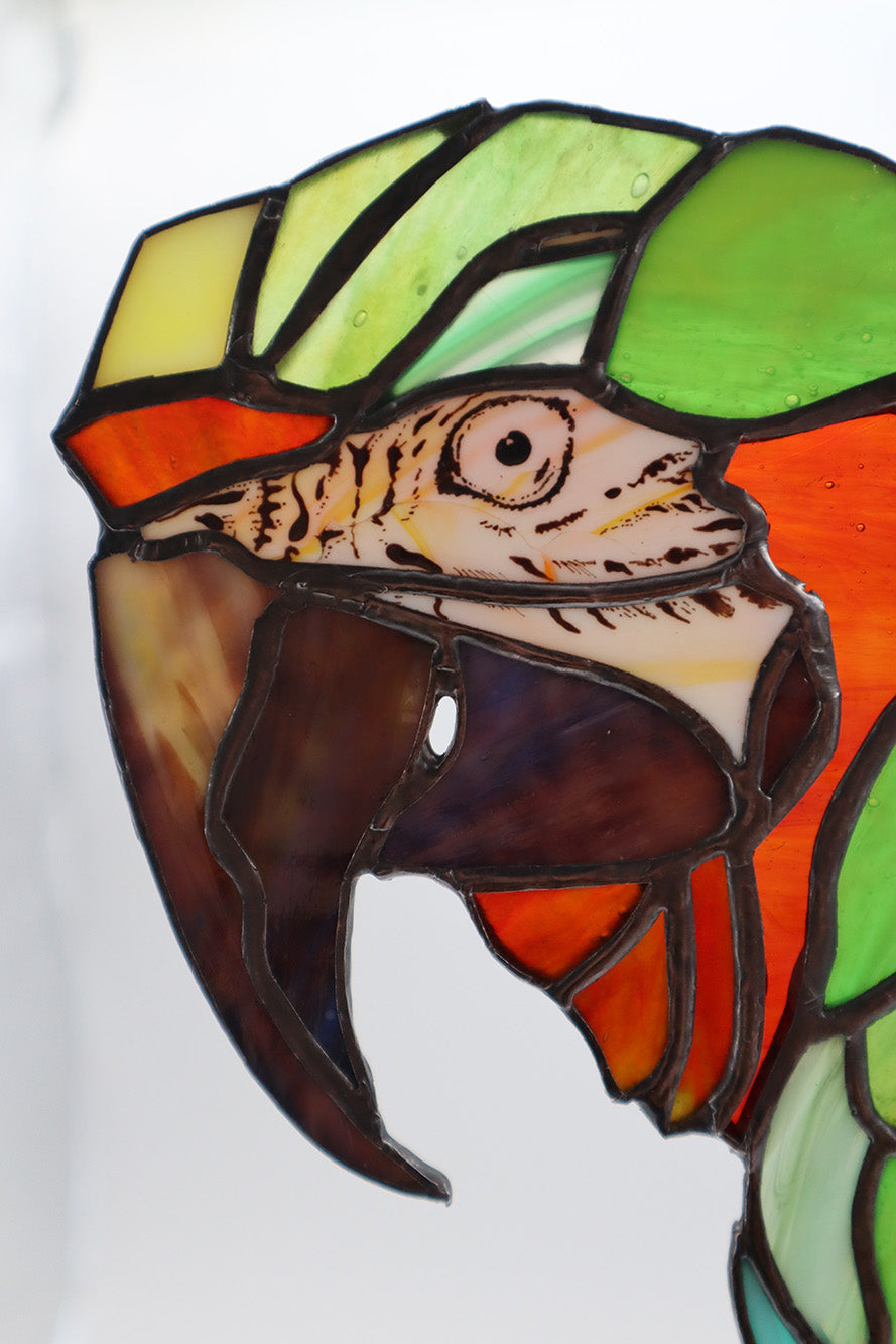 The "Mr Feathers" handmade glass art piece by LF Kaleidoscope beautifully presents a stained glass depiction of a parrot. The vibrant colors of green, orange, blue, and brown are intricately outlined in black to define the bird's striking details, making it perfect as a decorative window hanging against a light neutral background.